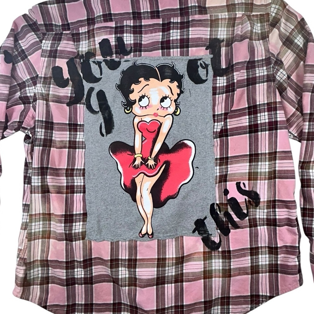 Custom Made Betty Boop Bleached Pink Plaid Flannel Shirt XXL Graphic Back Y2K - Picture 7 of 9